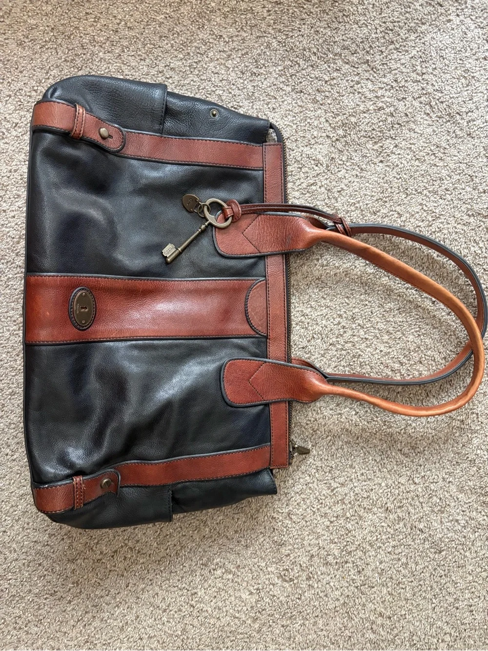 Fossil Black and Brown Leather Laptop Tote with Key Charm